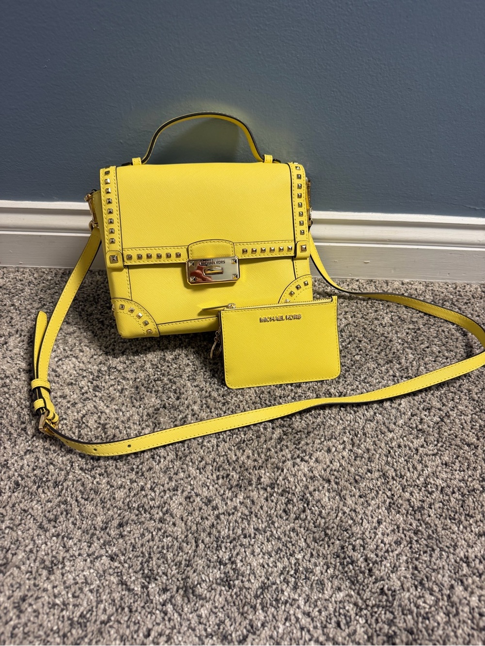 Michael Kors Yellow Studded Leather Satchel with Card Case - Picture 3 of 15